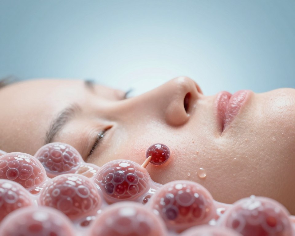A close-up view of human skin highlighting the effects of salicylic acid as it penetrates pores and eliminates impurities. The foreground features microscopic visuals of skin cells, showing salicylic acid molecules interacting with acne and clogged pores. In the middle ground, a visual representation of smooth, clear skin gradually emerging, symbolizing the improvement and healing process. The background consists of a soft gradient representing a clean, calm environment, evoking a sense of purity and health. Utilize cool lighting to emphasize the clarity and vibrancy of the skin, with a slight gloss effect on the surface to depict hydration and vitality. The overall atmosphere is scientific yet soothing, promoting understanding and engagement with the mechanisms of salicylic acid on skin. A close-up view of human skin highlighting the effects of salicylic acid as it penetrates pores and eliminates impurities. The foreground features microscopic visuals of skin cells, showing salicylic acid molecules interacting with acne and clogged pores. In the middle ground, a visual representation of smooth, clear skin gradually emerging, symbolizing the improvement and healing process. The background consists of a soft gradient representing a clean, calm environment, evoking a sense of purity and health. Utilize cool lighting to emphasize the clarity and vibrancy of the skin, with a slight gloss effect on the surface to depict hydration and vitality. The overall atmosphere is scientific yet soothing, promoting understanding and engagement with the mechanisms of salicylic acid on skin.