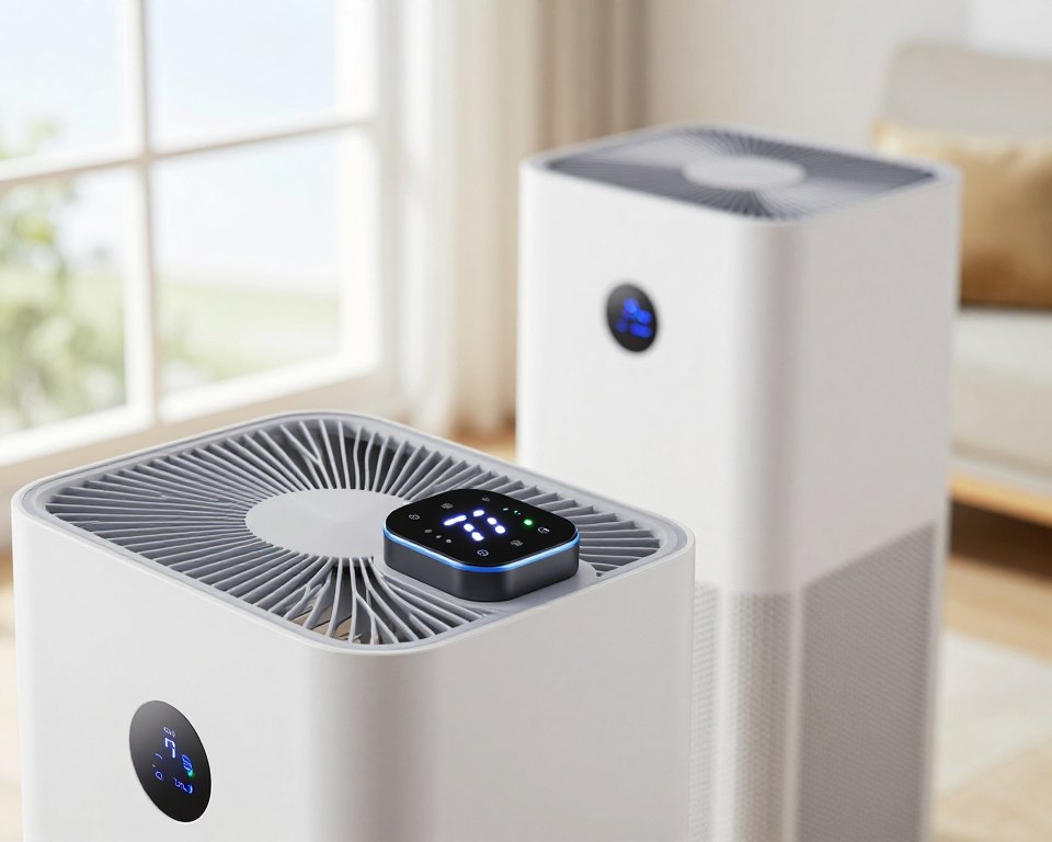 A close-up view of modern air quality sensors integrated into a contemporary air purifier. In the foreground, detailed sensors with sleek designs, showing illuminated LED indicators displaying real-time air quality metrics. The middle ground features a stylish, minimalist air purifier unit with a transparent filter section, showcasing HEPA filters inside. In the background, a bright, airy home environment with large windows allowing natural light to fill the space, enhancing the feeling of cleanliness and freshness. The overall atmosphere conveys a sense of innovation and health consciousness, utilizing soft, diffused lighting to emphasize the advanced technology of the sensors and purifier. Capture from a slightly elevated angle to provide depth, making the sensors the focal point of this modern air purification scene. A close-up view of modern air quality sensors integrated into a contemporary air purifier. In the foreground, detailed sensors with sleek designs, showing illuminated LED indicators displaying real-time air quality metrics. The middle ground features a stylish, minimalist air purifier unit with a transparent filter section, showcasing HEPA filters inside. In the background, a bright, airy home environment with large windows allowing natural light to fill the space, enhancing the feeling of cleanliness and freshness. The overall atmosphere conveys a sense of innovation and health consciousness, utilizing soft, diffused lighting to emphasize the advanced technology of the sensors and purifier. Capture from a slightly elevated angle to provide depth, making the sensors the focal point of this modern air purification scene.