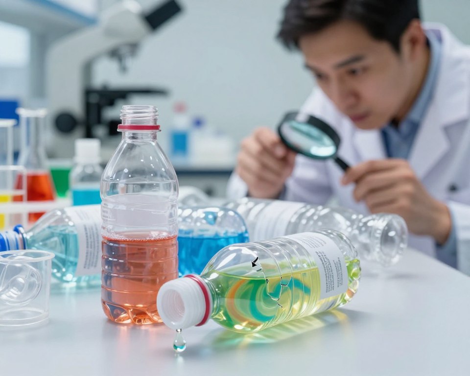 A close-up view of plastic water bottles lying on a laboratory table, some bottles slightly cracked to reveal colorful, swirling chemical substances within. The foreground features a droplet of liquid, resembling phthalates, clinging to the edge of one of the bottles. In the middle ground, a scientist in a white lab coat examines the bottles with a cautious expression, using a magnifying glass to inspect the labels. In the background, laboratory equipment and glassware with colorful liquids create a busy yet focused atmosphere. Soft, diffused lighting enhances the details of the chemicals, while the overall mood is serious and investigative, highlighting concerns about chemical safety in plastic packaging.