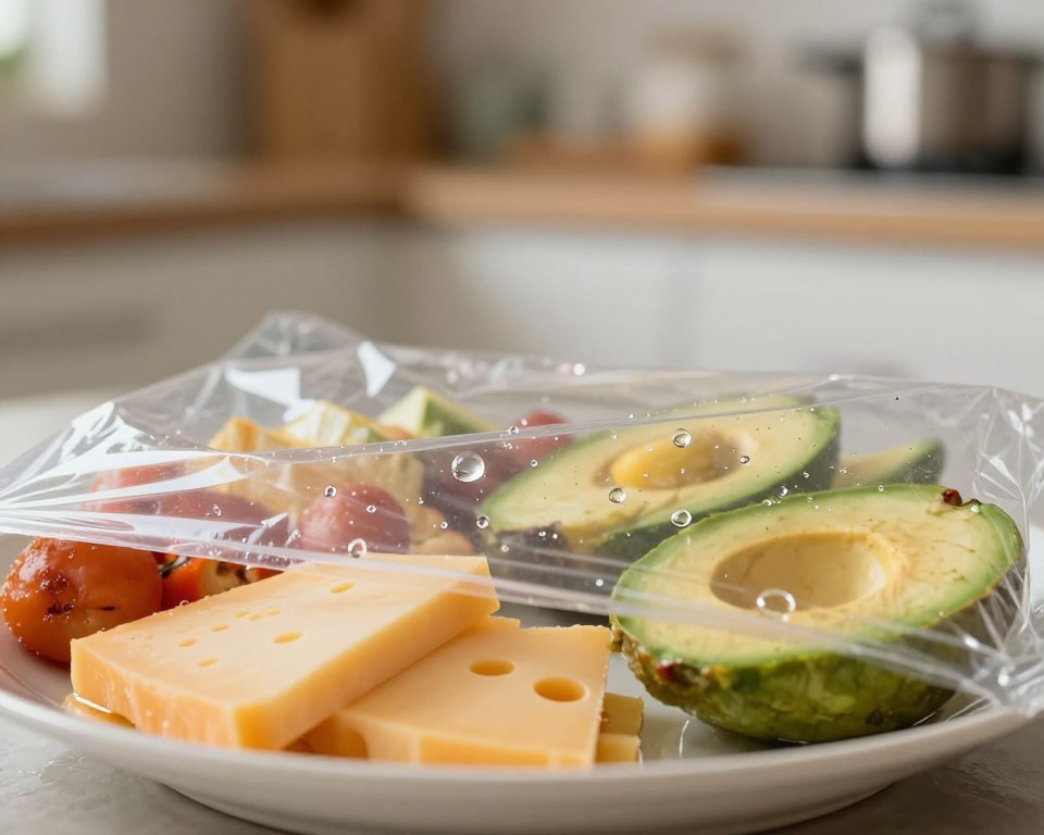 A close-up view of plastic wrap partially draped over a plate of fatty foods, such as cheese and avocado, illustrating the concept of chemical leaching. The foreground features glistening droplets forming on the underside of the wrap, indicating the migration of chemicals. The middle layer shows the colorful, enticing fatty foods that are in stark contrast to the transparent plastic. In the background, a soft-focus kitchen setting is visible, with warm, natural lighting that creates a cozy atmosphere. The angle is slightly tilted to emphasize the plastic wrap while ensuring the fatty foods remain in focus. The overall mood conveys concern and curiosity about health and food safety. A close-up view of plastic wrap partially draped over a plate of fatty foods, such as cheese and avocado, illustrating the concept of chemical leaching. The foreground features glistening droplets forming on the underside of the wrap, indicating the migration of chemicals. The middle layer shows the colorful, enticing fatty foods that are in stark contrast to the transparent plastic. In the background, a soft-focus kitchen setting is visible, with warm, natural lighting that creates a cozy atmosphere. The angle is slightly tilted to emphasize the plastic wrap while ensuring the fatty foods remain in focus. The overall mood conveys concern and curiosity about health and food safety.