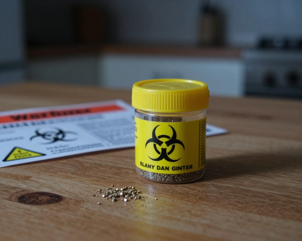A close-up view of rat poison, depicted as a small, unassuming container with bright, dangerous colors indicating toxicity, placed on a wooden kitchen table. In the foreground, a few spilled granules glisten, capturing the light to emphasize their hazardous nature. The middle ground shows a warning label partially visible, with biohazard symbols and caution signs, adding a sense of urgency and danger. In the background, a dimly lit room casts soft shadows, creating an uneasy atmosphere that hints at the hidden risks of exposure. Use cool, dim lighting with a slightly blurred focus to evoke a somber mood, highlighting the seriousness of the long-term health consequences associated with rat poison.