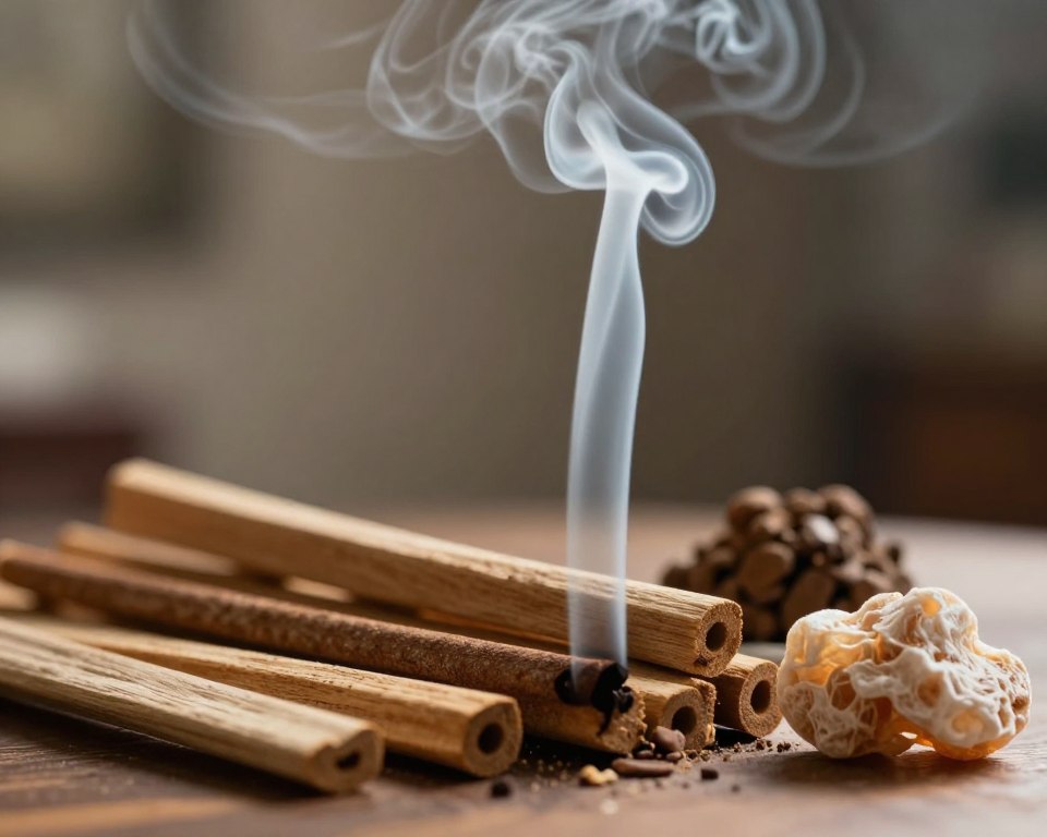 A close-up view of swirling incense smoke, emphasizing its intricate patterns and ethereal nature in the foreground. Various incense materials, such as sandalwood, nag champa, and resin, are artistically arranged on a wooden surface, evoking a sense of natural ingredients. The smoke gracefully rises in soft, diffused tendrils, capturing the eye with its ephemeral beauty. The background features a blurred, calming setting, perhaps a softly lit room with neutral tones, creating a serene atmosphere. The lighting is warm and inviting, casting gentle shadows that highlight the textures of the incense materials. A shallow depth of field enhances the focus on the smoke and incense, making the viewer feel a connection to the subject's potential effects on air quality. The overall mood conveys curiosity and contemplation. A close-up view of swirling incense smoke, emphasizing its intricate patterns and ethereal nature in the foreground. Various incense materials, such as sandalwood, nag champa, and resin, are artistically arranged on a wooden surface, evoking a sense of natural ingredients. The smoke gracefully rises in soft, diffused tendrils, capturing the eye with its ephemeral beauty. The background features a blurred, calming setting, perhaps a softly lit room with neutral tones, creating a serene atmosphere. The lighting is warm and inviting, casting gentle shadows that highlight the textures of the incense materials. A shallow depth of field enhances the focus on the smoke and incense, making the viewer feel a connection to the subject's potential effects on air quality. The overall mood conveys curiosity and contemplation.