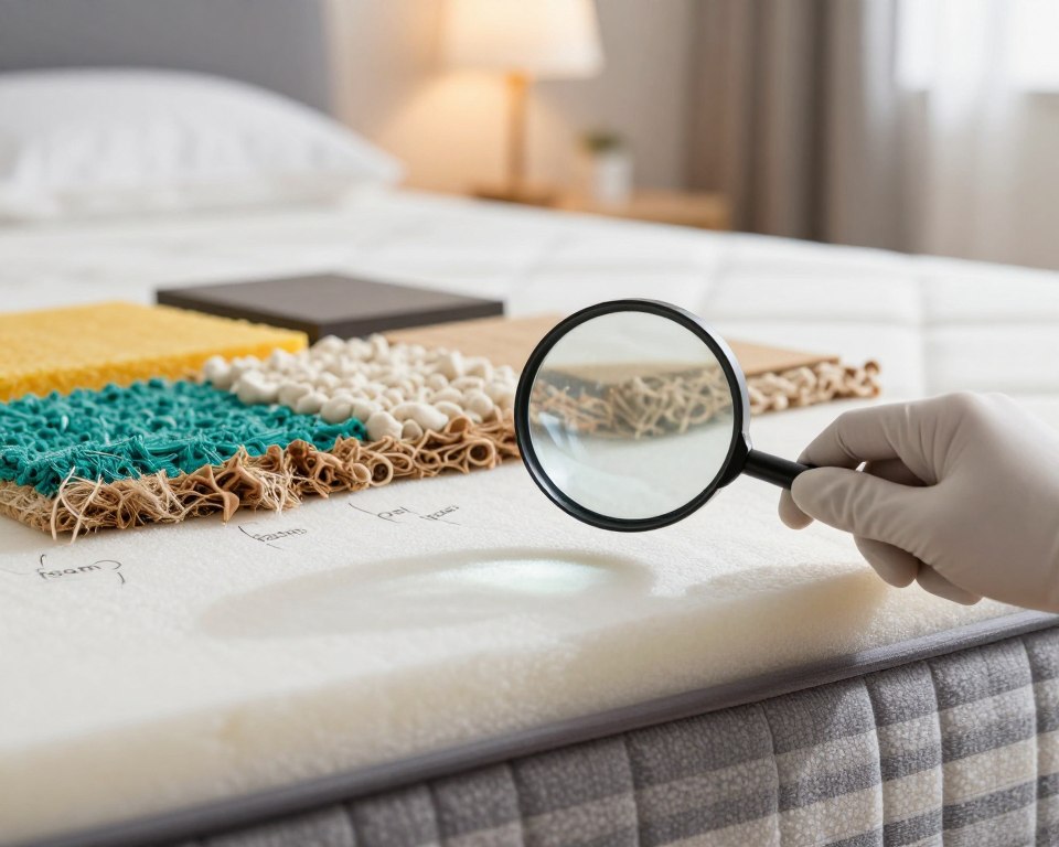 A close-up view of the cross-section of a mattress, showcasing various layers and identifiable materials. In the foreground, highlight a hand wearing gloves holding a magnifying glass over a section of foam, revealing subtle labels indicating "foam," "gel," and "fiber." In the middle ground, display a mix of vibrant colors representing synthetic compounds and natural fibers, creating a contrast between high-risk and safer materials. In the background, softly blurred images of a peaceful bedroom environment, with calming lighting from a bedside lamp casting gentle shadows. The overall atmosphere feels investigative yet serene, inviting the viewer to learn about mattress safety and material awareness. The image should have natural, soft lighting to enhance texture details, shot at a slight overhead angle to emphasize both the hand and mattress layers. A close-up view of the cross-section of a mattress, showcasing various layers and identifiable materials. In the foreground, highlight a hand wearing gloves holding a magnifying glass over a section of foam, revealing subtle labels indicating "foam," "gel," and "fiber." In the middle ground, display a mix of vibrant colors representing synthetic compounds and natural fibers, creating a contrast between high-risk and safer materials. In the background, softly blurred images of a peaceful bedroom environment, with calming lighting from a bedside lamp casting gentle shadows. The overall atmosphere feels investigative yet serene, inviting the viewer to learn about mattress safety and material awareness. The image should have natural, soft lighting to enhance texture details, shot at a slight overhead angle to emphasize both the hand and mattress layers.