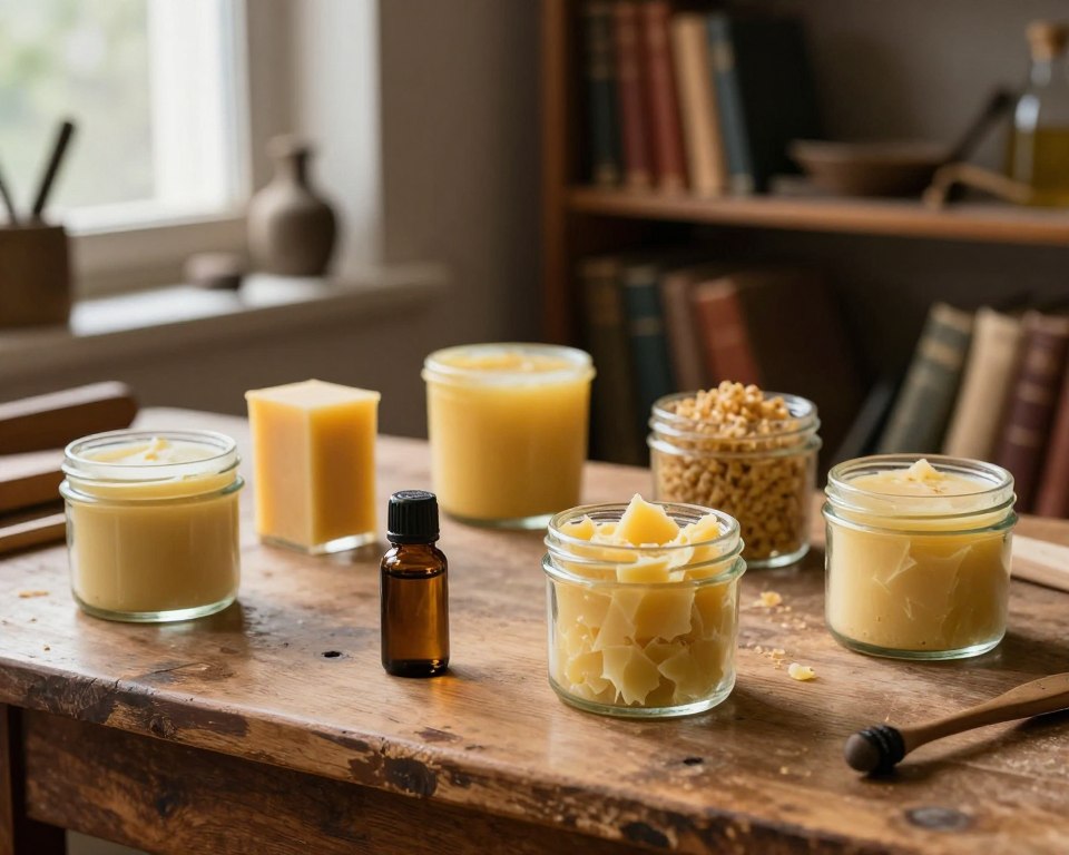 A close-up view of traditional furniture wax compositions, featuring various natural ingredients displayed in elegant glass containers. In the foreground, a wooden workbench, slightly worn, showcases beeswax, carnauba wax, and essential oils, arranged artistically. In the middle ground, soft light filters through a nearby window, casting gentle shadows and highlighting the textures of the waxes and containers. In the background, a vintage bookshelf filled with leather-bound books and rustic tools adds depth without distraction. The atmosphere is warm and inviting, suggesting a craftsperson's workshop. The overall composition conveys a sense of safety and tradition, emphasizing the natural and artisanal qualities of furniture wax.