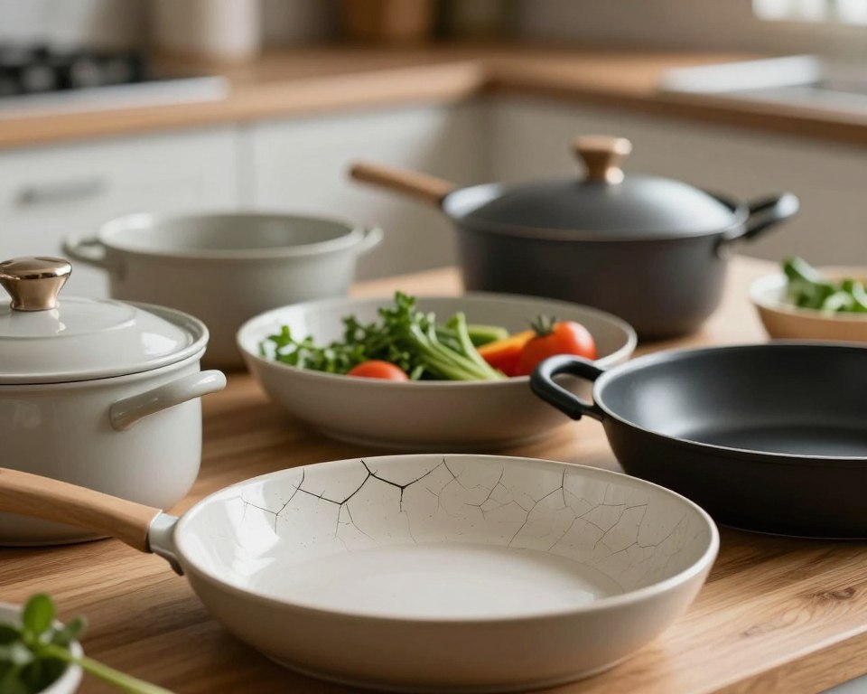 A close-up view of various ceramic cookware pieces, including pots and pans, arranged aesthetically on a wooden kitchen countertop. In the foreground, highlight a cracked ceramic pan, symbolizing potential health risks. The middle layer showcases a few ingredients like vegetables and herbs that are commonly cooked in these pans, suggesting the contrast of healthy food versus risky cookware. In the background, a blurred image of uncertain shadows or smoke can create an atmosphere of caution and unease. The lighting should be soft and natural, reminiscent of a bright kitchen, but with slightly darker areas to hint at hidden dangers. Use a shallow depth of field to focus on the cookware while softly fading the background, enhancing the mood of awareness about health concerns. A close-up view of various ceramic cookware pieces, including pots and pans, arranged aesthetically on a wooden kitchen countertop. In the foreground, highlight a cracked ceramic pan, symbolizing potential health risks. The middle layer showcases a few ingredients like vegetables and herbs that are commonly cooked in these pans, suggesting the contrast of healthy food versus risky cookware. In the background, a blurred image of uncertain shadows or smoke can create an atmosphere of caution and unease. The lighting should be soft and natural, reminiscent of a bright kitchen, but with slightly darker areas to hint at hidden dangers. Use a shallow depth of field to focus on the cookware while softly fading the background, enhancing the mood of awareness about health concerns.