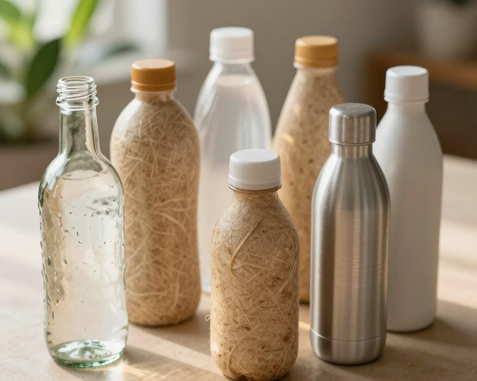 A close-up view of various eco-friendly bottle materials arranged artfully on a clean, natural surface. In the foreground, feature a glass bottle with intricate textures that reflect light, accompanied by a lightweight aluminum bottle showcasing a brushed finish. In the middle, display biodegradable plant-based plastics, emphasizing their earth-toned colors and natural fibers. In the background, include a softly blurred setting with leafy plants and sunlight filtering through greenery, creating a serene, organic atmosphere. The lighting should be warm and inviting, enhancing the textures of each material. Capture the scene from a slightly elevated angle to highlight the contrast and diversity of these sustainable materials against a soft, neutral backdrop, conveying a sense of eco-consciousness.