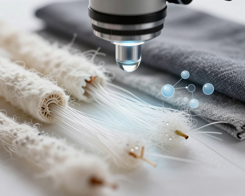 A close-up view of various fabric fibers demonstrating the absorption characteristics of textile materials. In the foreground, showcase a clear cross-section of different fabrics like cotton, wool, and synthetic fibers, focusing on their unique textures and structures. The fibers should be depicted under an illuminated microscope lens, with droplets of liquid illustrating absorption. In the middle ground, include subtle graphical representations of water molecules interacting with the fibers, highlighting the differences in absorption rates. The background should be soft-focused, displaying a blend of fabric swatches in muted tones to add depth. The lighting should be bright and clinical, emphasizing clarity and detail. The overall mood should convey a sense of scientific exploration and inquiry into textile chemistry. A close-up view of various fabric fibers demonstrating the absorption characteristics of textile materials. In the foreground, showcase a clear cross-section of different fabrics like cotton, wool, and synthetic fibers, focusing on their unique textures and structures. The fibers should be depicted under an illuminated microscope lens, with droplets of liquid illustrating absorption. In the middle ground, include subtle graphical representations of water molecules interacting with the fibers, highlighting the differences in absorption rates. The background should be soft-focused, displaying a blend of fabric swatches in muted tones to add depth. The lighting should be bright and clinical, emphasizing clarity and detail. The overall mood should convey a sense of scientific exploration and inquiry into textile chemistry.