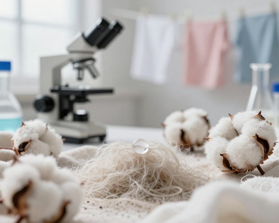 A close-up view of various fabric fibers, such as cotton, wool, and synthetic materials, depicted against a softly lit backdrop. In the foreground, a droplet of detergent is shown on the fibers, illustrating the absorption process with realistic textures and details. The middle ground features scientific equipment like a microscope and laboratory beakers, emphasizing a research environment. In the background, blurred outlines of fabrics and clothes hang on a clothesline, creating a sense of context. The lighting is soft and diffuse, creating a calm and informative atmosphere. The entire composition conveys the interaction between detergent and fabric fibers, highlighting the complex science of detergent residue. A close-up view of various fabric fibers, such as cotton, wool, and synthetic materials, depicted against a softly lit backdrop. In the foreground, a droplet of detergent is shown on the fibers, illustrating the absorption process with realistic textures and details. The middle ground features scientific equipment like a microscope and laboratory beakers, emphasizing a research environment. In the background, blurred outlines of fabrics and clothes hang on a clothesline, creating a sense of context. The lighting is soft and diffuse, creating a calm and informative atmosphere. The entire composition conveys the interaction between detergent and fabric fibers, highlighting the complex science of detergent residue.