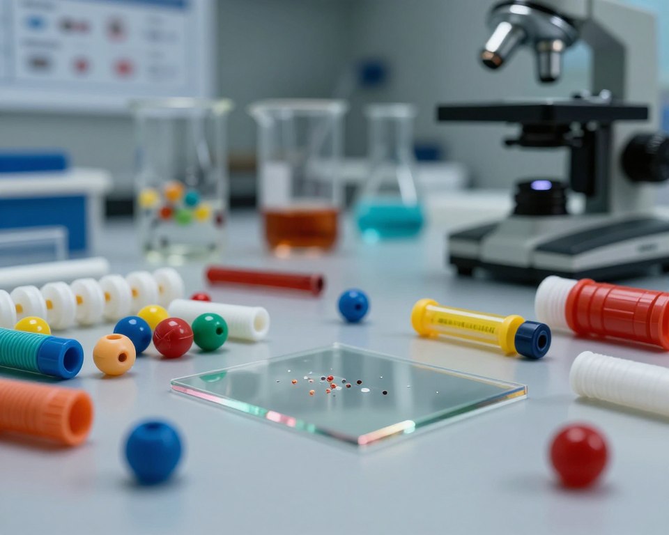 A close-up view of various harmful plastic components scattered on a laboratory table, showcasing colorful plastic beads, tubes, and fragments, all exhibiting signs of wear and degradation. In the foreground, a clear microscope slides under soft, diffused lighting, highlighting the tiny endocrine disruptors within the plastics. The middle ground captures a analytical equipment setup with beakers and test tubes, emanating a sense of scientific inquiry. In the background, medical charts on the wall hint at health risks associated with these materials. The mood is serious and concerned, with shadows adding depth to the composition, emphasizing the hidden dangers of common plastic additives. The scene is captured with a macro lens at a slight downward angle, reinforcing the focused examination of plastic's harmful properties. A close-up view of various harmful plastic components scattered on a laboratory table, showcasing colorful plastic beads, tubes, and fragments, all exhibiting signs of wear and degradation. In the foreground, a clear microscope slides under soft, diffused lighting, highlighting the tiny endocrine disruptors within the plastics. The middle ground captures a analytical equipment setup with beakers and test tubes, emanating a sense of scientific inquiry. In the background, medical charts on the wall hint at health risks associated with these materials. The mood is serious and concerned, with shadows adding depth to the composition, emphasizing the hidden dangers of common plastic additives. The scene is captured with a macro lens at a slight downward angle, reinforcing the focused examination of plastic's harmful properties.