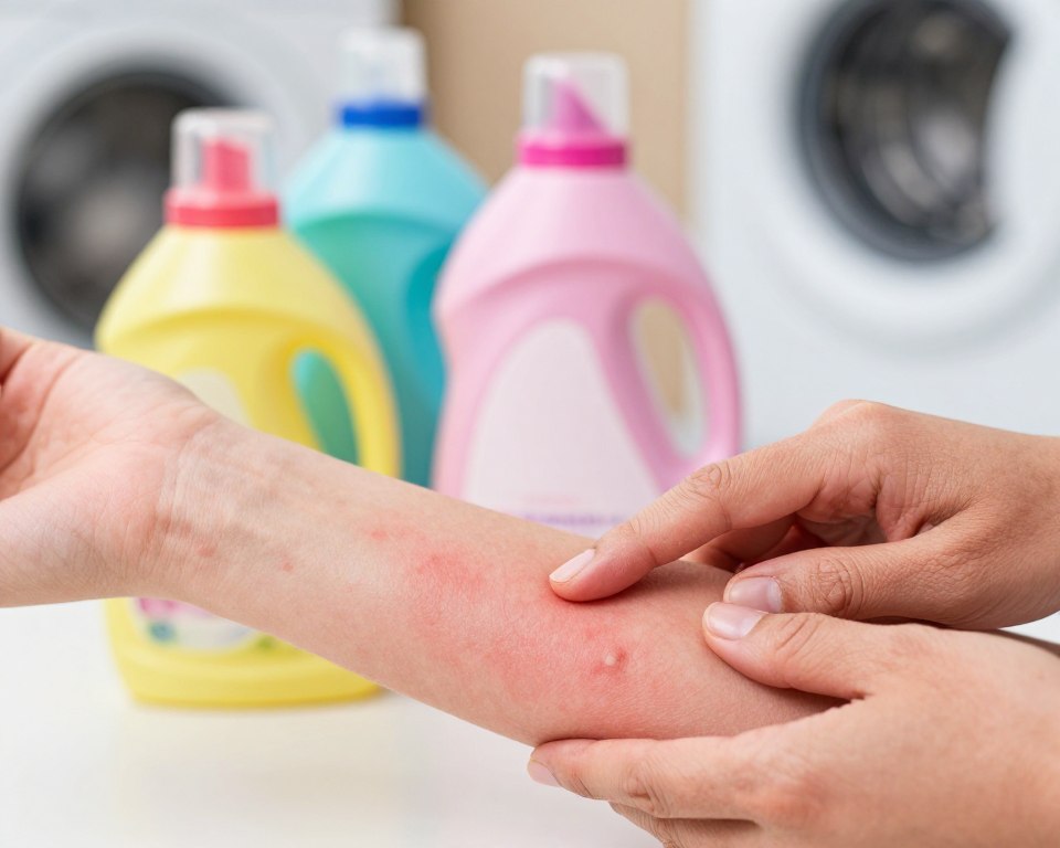 A close-up view of various skin reactions caused by laundry additives, showcasing a variety of conditions including redness, bumps, and irritation. The image features a pair of hands in the foreground lightly touching or examining the skin of an arm, which displays prominent signs of irritation. In the middle ground, colorful detergent bottles and fabric softeners are arranged neatly, suggesting the source of the reactions. The background is softly blurred, featuring a laundry room with pastel colors to create a calm and informative atmosphere. The lighting is bright and even, highlighting the details of the skin while maintaining a clinical and educational mood. The composition should focus on the texture and details of the skin while ensuring all elements are professional and safe. A close-up view of various skin reactions caused by laundry additives, showcasing a variety of conditions including redness, bumps, and irritation. The image features a pair of hands in the foreground lightly touching or examining the skin of an arm, which displays prominent signs of irritation. In the middle ground, colorful detergent bottles and fabric softeners are arranged neatly, suggesting the source of the reactions. The background is softly blurred, featuring a laundry room with pastel colors to create a calm and informative atmosphere. The lighting is bright and even, highlighting the details of the skin while maintaining a clinical and educational mood. The composition should focus on the texture and details of the skin while ensuring all elements are professional and safe.