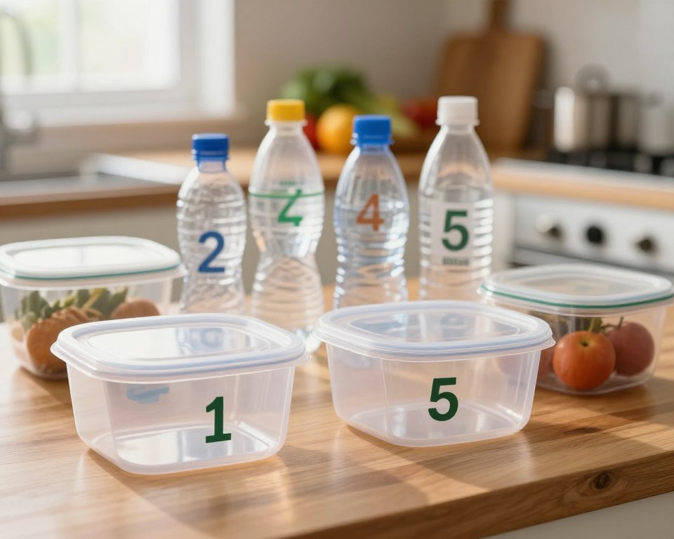 A close-up view of various types of disposable plastic containers, neatly arranged on a wooden kitchen countertop, showcasing their recycling symbols and material types. In the foreground, focus on a clear plastic container labeled with a number 1 recycling symbol, reflecting sunlight with soft highlights. In the middle ground, include an array of different plastic types, such as numbers 2, 4, and 5, to illustrate safe options, against a subtle backdrop of fruits and vegetables, emphasizing safe food storage. The background features a warm, soft-focus kitchen setting with natural light streaming in through a window, creating an inviting and informative mood. Use a shallow depth of field to enhance the focus on the plastics while keeping the kitchen softly blurred, emphasizing the importance of understanding plastic types for food safety.
