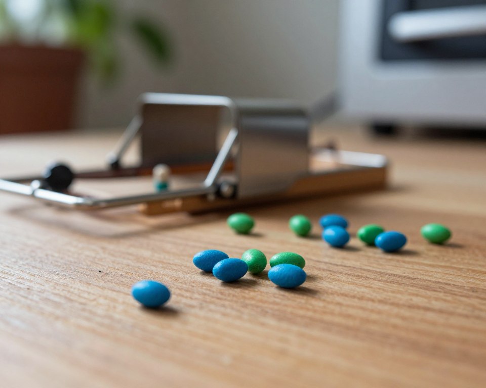 A close-up view of various types of mouse poison scattered on a wooden surface, highlighting their distinct colors and textures. In the foreground, focus on a few vibrant blue and green pellets, glistening under soft natural light, emphasizing their toxicity. The middle ground features a slightly out-of-focus metallic bait station, showcasing its design meant for rodent attraction. In the background, blurred partially visible plants and home appliances suggest a typical indoor setting. The overall atmosphere is eerie yet informative, with shadows creating a moody and cautionary feel. Use a shallow depth of field to emphasize the poison while keeping the environment subtly in focus, creating a stark contrast between the vibrant poison and the mundane household items.