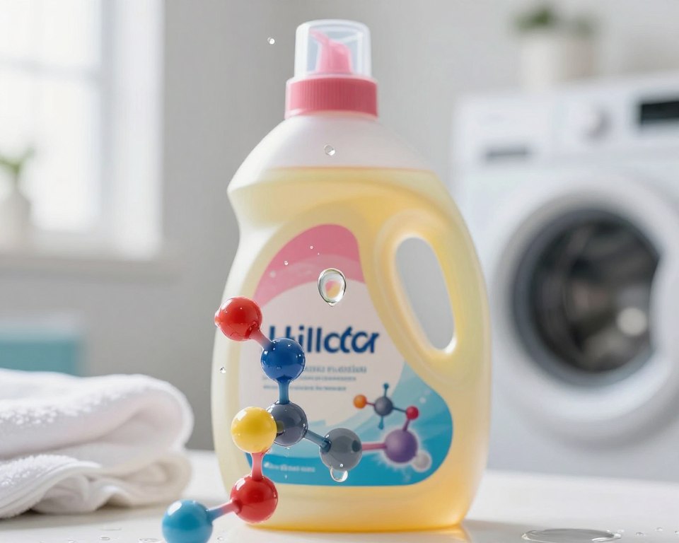 A close-up view of vibrant, colorful droplets of various fragrance chemicals, such as phthalates, suspended in a clear liquid, symbolizing laundry soap. In the foreground, focus on intricate molecular structures of these chemicals, showcasing their geometric shapes and connections. In the middle ground, display a bottle of laundry soap with a sleek design, emphasizing the colorful liquid inside. The background features a soft-focus image of a laundry room, with clean white linens and bright light filtering in, creating a fresh and inviting atmosphere. Lighting should be bright yet soft, highlighting the clarity of the liquids while casting gentle reflections. The overall mood is scientific and informative, portraying the complex chemistry behind laundry fragrances.