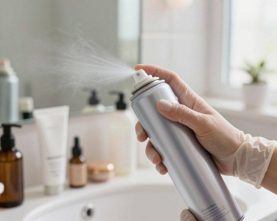 A close-up visual of a dry shampoo aerosol can being handled carefully in a well-lit bathroom setting. In the foreground, the can, elegantly designed with a sleek, modern aesthetic, is held by a gloved hand to emphasize safety. In the middle, the bathroom counter is adorned with neatly arranged beauty products and a mirror reflecting the scene. In the background, a soft-focus window allows natural light to stream in, creating a serene atmosphere. The overall mood conveys caution and cleanliness, highlighting the theme of safe usage. The framing is slightly angled to create depth, inviting the viewer to contemplate the safety concerns associated with inhaling aerosol sprays.