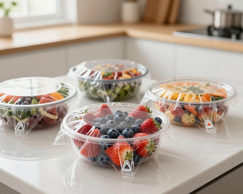 A close-up, well-lit view of a kitchen countertop featuring various food items wrapped securely in transparent plastic wrap, showcasing their freshness and protection. In the foreground, focus on a bowl of vibrant fruits like strawberries and blueberries, tightly sealed with the cling film, highlighting its clarity and texture. The middle ground includes an assortment of neatly wrapped leftover dishes with varied colors, illustrating the safe storage of food. The background features a clean, modern kitchen setting with soft, diffused natural light coming from a nearby window, creating a warm, inviting atmosphere. Emphasize the safety and compliance aspects of food storage by subtly incorporating safety symbols or seals in the background, blending them into the kitchen decor, reinforcing the theme of plastic wrap food safety. A close-up, well-lit view of a kitchen countertop featuring various food items wrapped securely in transparent plastic wrap, showcasing their freshness and protection. In the foreground, focus on a bowl of vibrant fruits like strawberries and blueberries, tightly sealed with the cling film, highlighting its clarity and texture. The middle ground includes an assortment of neatly wrapped leftover dishes with varied colors, illustrating the safe storage of food. The background features a clean, modern kitchen setting with soft, diffused natural light coming from a nearby window, creating a warm, inviting atmosphere. Emphasize the safety and compliance aspects of food storage by subtly incorporating safety symbols or seals in the background, blending them into the kitchen decor, reinforcing the theme of plastic wrap food safety.