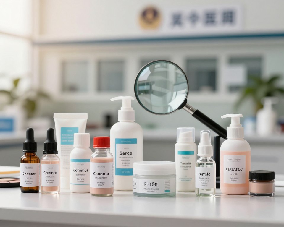 A clutter-free workspace featuring a professional, well-lit environment that represents the concept of cosmetics safety. In the foreground, display an organized table with an array of talc-based cosmetic products, each with transparent labels that highlight their ingredients. In the middle ground, position a transparent magnifying glass above the products, symbolizing scrutiny and examination. The background features a soft-focus image of a government regulatory building, subtly representing the oversight of cosmetics safety. Use natural lighting to create a warm and inviting yet serious atmosphere, capturing the importance of consumer safety. The overall mood should convey trust and professionalism, ideal for an informative article section.