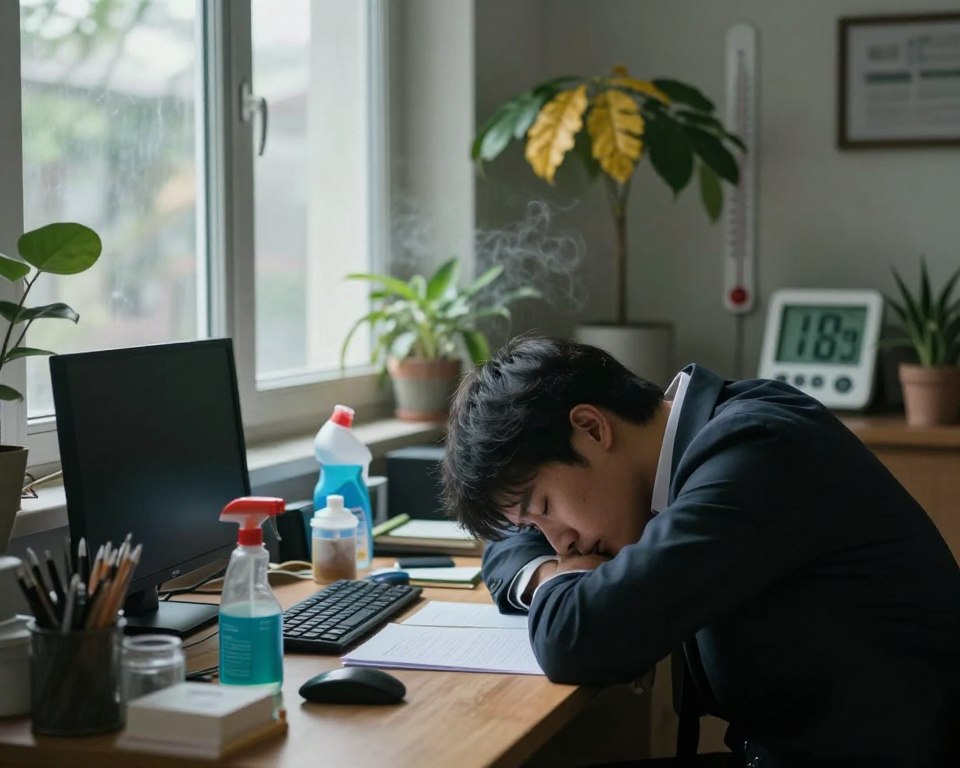 A cluttered indoor environment showcasing common air pollutants. In the foreground, a visibly tired individual in professional attire, sitting at a desk surrounded by items like air fresheners, cleaning products, and electronic devices, creating an atmosphere of fatigue. In the middle, a window shows a faint view of the outside world, with soft, natural light filtering in, contrasting the gloomy interior. The background features indoor plants with yellowing leaves, hinting at poor air quality. A thermometer and an air quality monitor display concerning readings. The overall mood is somber, reflecting the impact of unseen pollutants on health and energy levels, captured in a slightly tilted angle for added dramatic effect.
