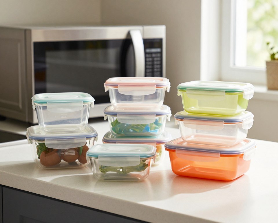 A collection of BPA-free microwave containers displayed prominently on a clean, modern kitchen countertop. The containers vary in shape and size, showcasing transparent and vibrant colors, with clear labels indicating their BPA-free status. In the foreground, a well-lit close-up captures the texture of the containers, emphasizing their durability and safety features. In the middle ground, a microwave is subtly visible, reflecting the environment and suggesting practical use. The background features soft, natural lighting streaming in from a window, creating a warm, inviting atmosphere. The image should evoke a sense of health consciousness and modern living, with a focus on safe food storage practices. A collection of BPA-free microwave containers displayed prominently on a clean, modern kitchen countertop. The containers vary in shape and size, showcasing transparent and vibrant colors, with clear labels indicating their BPA-free status. In the foreground, a well-lit close-up captures the texture of the containers, emphasizing their durability and safety features. In the middle ground, a microwave is subtly visible, reflecting the environment and suggesting practical use. The background features soft, natural lighting streaming in from a window, creating a warm, inviting atmosphere. The image should evoke a sense of health consciousness and modern living, with a focus on safe food storage practices.