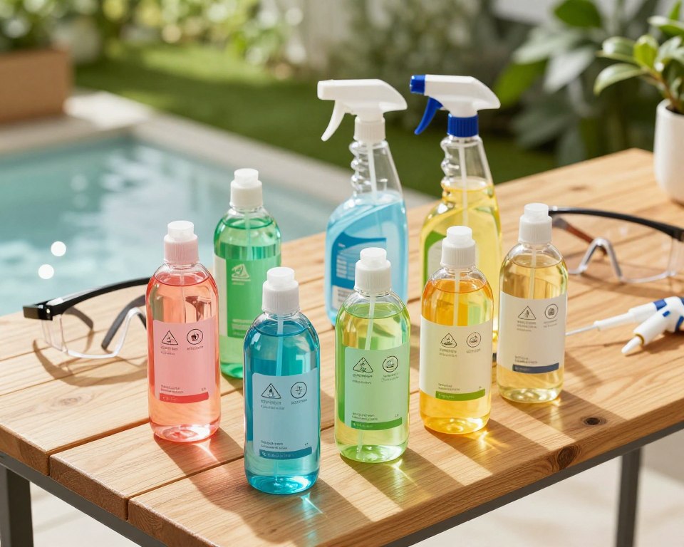 A collection of eco-friendly pressure washer cleaning solutions neatly arranged on a wooden workbench. In the foreground, transparent bottles filled with vibrant, naturally-colored liquids, labeled with symbols indicating safety and non-toxicity. In the middle ground, a pair of safety goggles and a reusable spray bottle sit nearby, suggesting preparation for a cleaning task. In the background, a well-maintained outdoor space with lush greenery and a sparkling clean surface, evidencing the effective use of the products. Soft sunlight filters through trees, casting gentle highlights on the scene, creating a fresh and inviting atmosphere. The camera angle is slightly overhead, emphasizing the organized layout and the vibrant colors of the cleaning solutions, evoking a sense of safety and cleanliness.