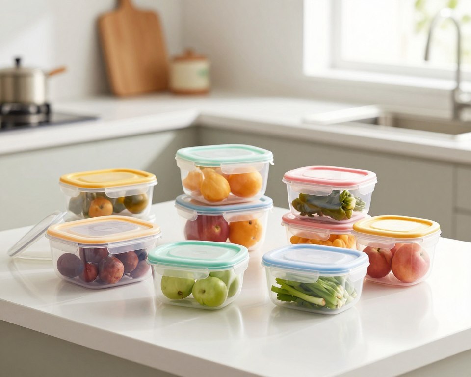 A collection of food-grade polypropylene containers arranged on a sleek, white kitchen countertop. In the foreground, showcase various sizes and shapes of the containers, some with colorful lids, highlighting their versatility for food storage. In the middle, a few containers are open, revealing fresh fruits and vegetables inside, emphasizing their usability for food contact. The background features a softly blurred modern kitchen environment with natural light streaming in through a window, creating a bright and inviting atmosphere. The image is captured using a shallow depth of field to draw focus on the containers, with a warm color palette to evoke a sense of safety and freshness. No text or branding is included. A collection of food-grade polypropylene containers arranged on a sleek, white kitchen countertop. In the foreground, showcase various sizes and shapes of the containers, some with colorful lids, highlighting their versatility for food storage. In the middle, a few containers are open, revealing fresh fruits and vegetables inside, emphasizing their usability for food contact. The background features a softly blurred modern kitchen environment with natural light streaming in through a window, creating a bright and inviting atmosphere. The image is captured using a shallow depth of field to draw focus on the containers, with a warm color palette to evoke a sense of safety and freshness. No text or branding is included.