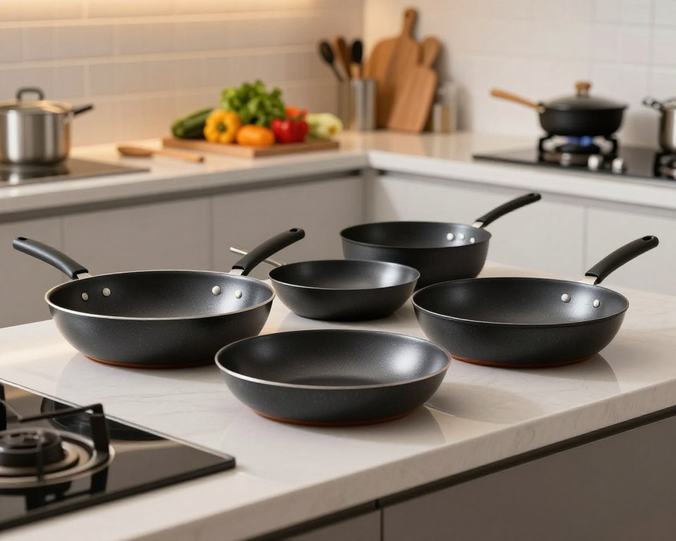 A collection of high-quality nonstick pans displayed on a sleek, modern kitchen countertop. In the foreground, emphasize various sizes and styles of these pans, showcasing their shiny, black surfaces with a hint of light reflecting off them to illustrate their nonstick properties. In the middle ground, include a vibrant set of fresh vegetables and a wooden spatula, suggesting a dynamic cooking scene. The background features a softly lit kitchen with tasteful tile and clean lines for a contemporary feel. Use warm, inviting lighting to create a cozy atmosphere, while a shallow depth of field maintains focus on the nonstick pans, conveying a sense of culinary sophistication and practicality in modern cooking. A collection of high-quality nonstick pans displayed on a sleek, modern kitchen countertop. In the foreground, emphasize various sizes and styles of these pans, showcasing their shiny, black surfaces with a hint of light reflecting off them to illustrate their nonstick properties. In the middle ground, include a vibrant set of fresh vegetables and a wooden spatula, suggesting a dynamic cooking scene. The background features a softly lit kitchen with tasteful tile and clean lines for a contemporary feel. Use warm, inviting lighting to create a cozy atmosphere, while a shallow depth of field maintains focus on the nonstick pans, conveying a sense of culinary sophistication and practicality in modern cooking.