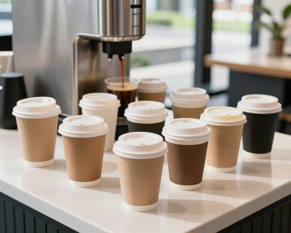 A collection of single-use plastic coffee cups arranged on a clean, modern café table. In the foreground, focus on a few cups with varying colors and designs, showcasing their glossy finishes and detailed textures. The middle section features a sleek, stainless-steel coffee dispenser, pouring fresh coffee into one of the cups. In the background, softly blurred café decor and greenery subtly emphasize the environment without detracting from the cups. The lighting is bright and natural, suggesting an inviting atmosphere, with sunlight filtering through large windows, casting gentle shadows. The angle is slightly elevated to capture the essence of cleanliness and best practices in maintenance, ensuring an engaging and informative visual that aligns with the theme of proper care for disposable items.