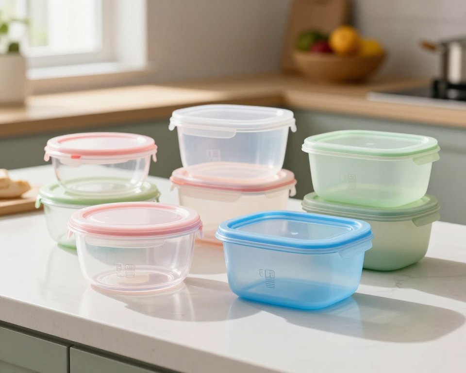 A collection of various microwave-safe plastic containers arranged on a clean, bright kitchen countertop. Foreground features a clear, round container with a pink lid and a square container in translucent blue, both showcasing the plastic identification symbols prominently displayed on their sides. In the middle ground, additional containers of different shapes and sizes are neatly stacked, highlighting a variety of colors and textures, such as opaque white and frosted green. Soft, natural light streams in from a nearby window, casting gentle shadows and creating a warm atmosphere. The background features a subtle blur of kitchen elements, such as a fruit bowl and utensils, contributing to a homey vibe while keeping the focus on the containers and their identification symbols, emphasizing safety and functionality. A collection of various microwave-safe plastic containers arranged on a clean, bright kitchen countertop. Foreground features a clear, round container with a pink lid and a square container in translucent blue, both showcasing the plastic identification symbols prominently displayed on their sides. In the middle ground, additional containers of different shapes and sizes are neatly stacked, highlighting a variety of colors and textures, such as opaque white and frosted green. Soft, natural light streams in from a nearby window, casting gentle shadows and creating a warm atmosphere. The background features a subtle blur of kitchen elements, such as a fruit bowl and utensils, contributing to a homey vibe while keeping the focus on the containers and their identification symbols, emphasizing safety and functionality.