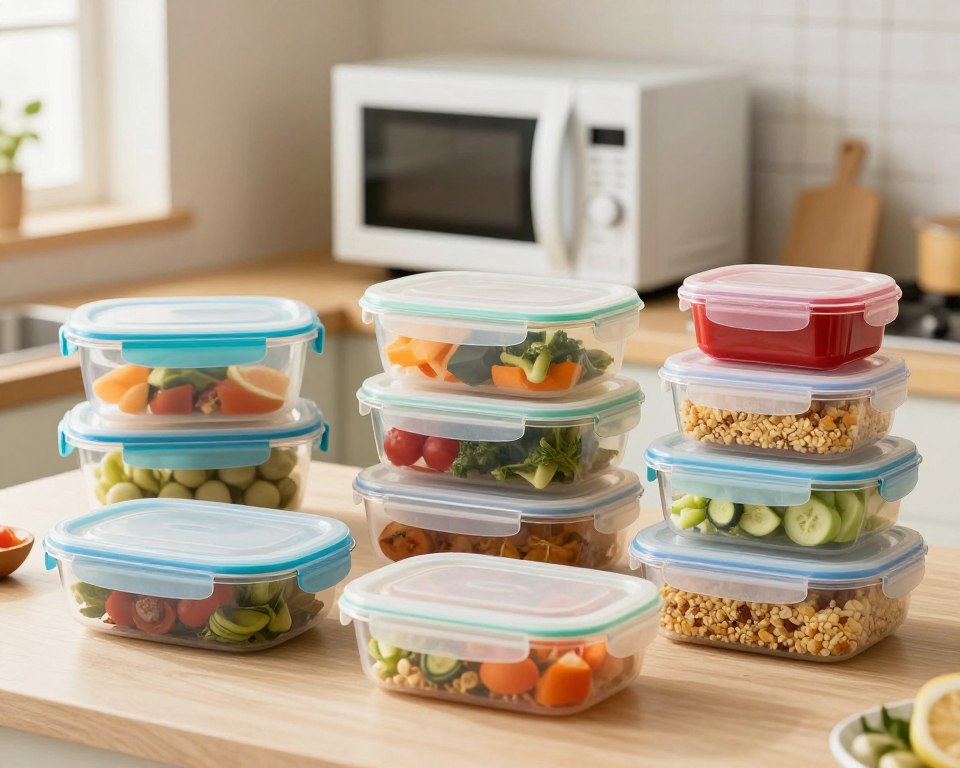 A collection of various microwave-safe plastic containers in different shapes and sizes, arranged aesthetically on a kitchen countertop. The containers should have clear lids, showcasing their vibrant colors like blue, green, and red, and displaying labels indicating their microwave-safe status. In the foreground, a few containers can be filled with balanced meal prep, including vegetables and grains. The middle ground features a well-organized kitchen setting with a microwave in the background, softly illuminated by warm, natural light from a nearby window. The atmosphere is clean and inviting, suggesting practicality and safety in food storage. Use a close-up angle to emphasize the containers' details, ensuring a professional and informative mood throughout the scene. A collection of various microwave-safe plastic containers in different shapes and sizes, arranged aesthetically on a kitchen countertop. The containers should have clear lids, showcasing their vibrant colors like blue, green, and red, and displaying labels indicating their microwave-safe status. In the foreground, a few containers can be filled with balanced meal prep, including vegetables and grains. The middle ground features a well-organized kitchen setting with a microwave in the background, softly illuminated by warm, natural light from a nearby window. The atmosphere is clean and inviting, suggesting practicality and safety in food storage. Use a close-up angle to emphasize the containers' details, ensuring a professional and informative mood throughout the scene.