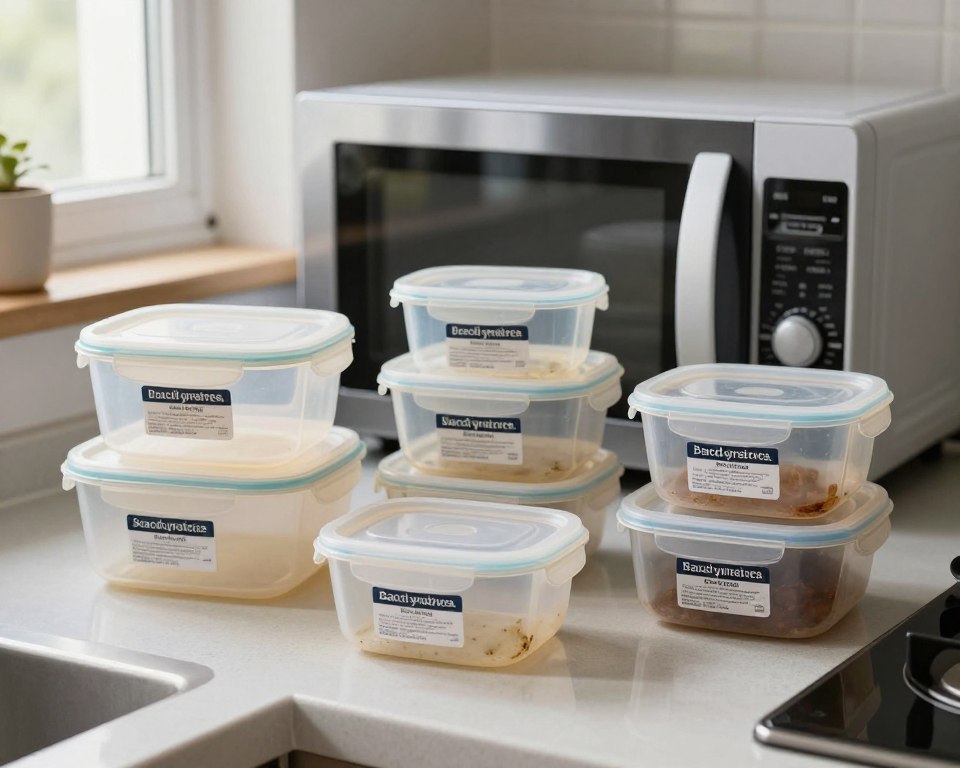 A collection of various plastic food containers arranged neatly on a kitchen countertop, showcasing their microwave-safe labeling clearly visible. The foreground features a few containers with visible signs of wear and tear, like scratches and discoloration, to emphasize the impact of aging. In the middle, a microwave is partially open, hinting that these containers are ready for use. The background is a cozy kitchen scene with soft, natural lighting coming in through a window, casting gentle shadows. The atmosphere is practical and informative, capturing the essence of kitchen safety and everyday use. Selective focus on containers creates a sense of importance regarding their state of safety. A collection of various plastic food containers arranged neatly on a kitchen countertop, showcasing their microwave-safe labeling clearly visible. The foreground features a few containers with visible signs of wear and tear, like scratches and discoloration, to emphasize the impact of aging. In the middle, a microwave is partially open, hinting that these containers are ready for use. The background is a cozy kitchen scene with soft, natural lighting coming in through a window, casting gentle shadows. The atmosphere is practical and informative, capturing the essence of kitchen safety and everyday use. Selective focus on containers creates a sense of importance regarding their state of safety.