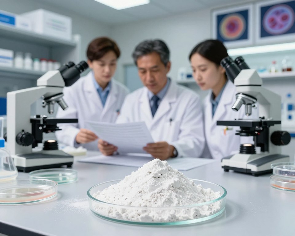A compelling depiction of talc powder being scrutinized in a laboratory setting, reflecting its potential links to ovarian cancer. In the foreground, a carefully arranged glass dish holds talc powder, glistening under bright, clinical lighting. Surrounding the dish are scientific instruments, such as a microscope and petri dishes with samples, showcasing a serious investigation. In the middle ground, a diverse group of three researchers in professional attire, focused and engaged, examines research papers discussing talc's safety. The background features shelves filled with medical literature and framed images of ovarian cells under a microscope, adding context. The atmosphere is one of meticulous inquiry and urgency, hinting at the serious nature of ongoing scientific research into health risks. The overall mood is clinical and serious, avoiding any emotional dramatization.