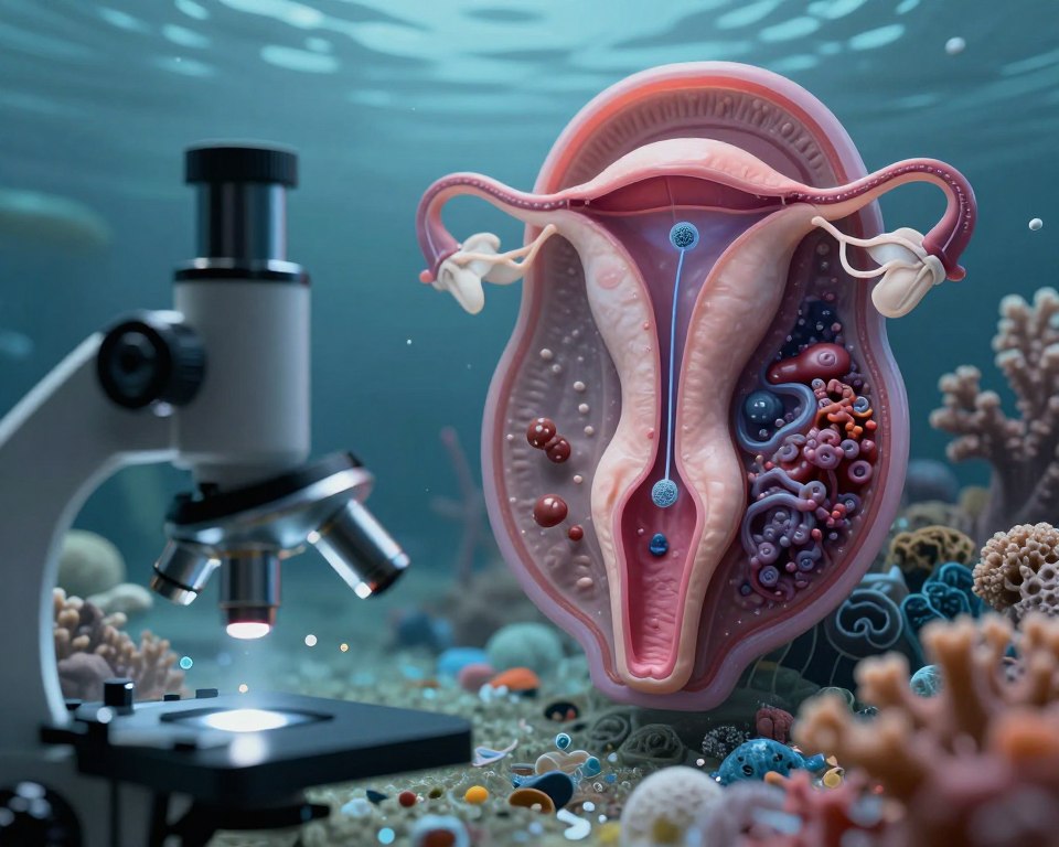 A conceptual illustration depicting the dangers of microplastics to the reproductive system. In the foreground, a microscope reveals microplastic particles under a scientist's examining lens, highlighting their minuscule size and intricate shapes. In the middle ground, a healthy female animal silhouette is shown surrounded by vibrant, flourishing reproductive organs, contrasted with darker areas representing deterioration caused by microplastics. The background features an abstract representation of polluted environments, including aquatic habitats filled with small plastics and bleached corals. Soft, diffused lighting emphasizes the contrast between health and decay, instilling a somber yet inquisitive atmosphere. The angle is slightly tilted to evoke a sense of urgency and concern regarding the effects of microplastics on fertility in animal models.