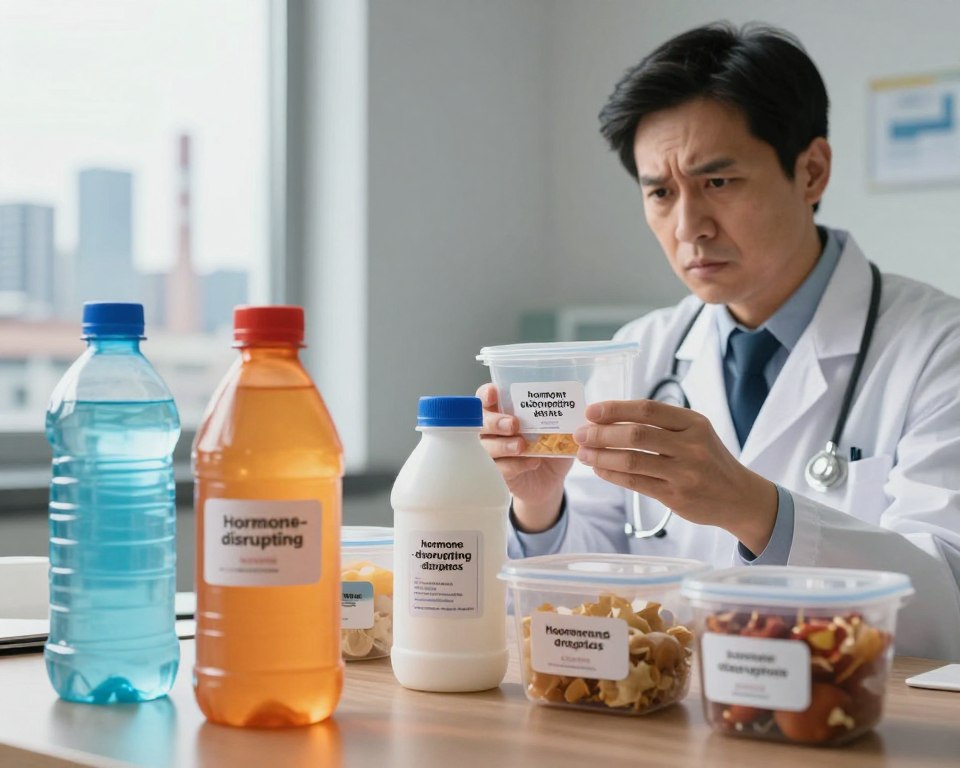 A conceptual illustration depicting the health risks associated with hormone-disrupting plastics. In the foreground, a close-up of various plastic containers, such as bottles and food storage, with noticeable labels indicating common endocrine disruptors. The middle ground features a healthcare professional in a lab coat, examining the containers with concern, symbolizing regulatory oversight. In the background, a city skyline represents industrialization, subtly reflecting the regulatory landscape. Soft, natural lighting enhances the image, casting gentle shadows that create a thoughtful atmosphere. The angle should be slightly elevated, allowing the viewer to focus on both the plastic containers and the concerned professional. The overall mood conveys urgency and the need for awareness regarding safety standards in the United States. A conceptual illustration depicting the health risks associated with hormone-disrupting plastics. In the foreground, a close-up of various plastic containers, such as bottles and food storage, with noticeable labels indicating common endocrine disruptors. The middle ground features a healthcare professional in a lab coat, examining the containers with concern, symbolizing regulatory oversight. In the background, a city skyline represents industrialization, subtly reflecting the regulatory landscape. Soft, natural lighting enhances the image, casting gentle shadows that create a thoughtful atmosphere. The angle should be slightly elevated, allowing the viewer to focus on both the plastic containers and the concerned professional. The overall mood conveys urgency and the need for awareness regarding safety standards in the United States.