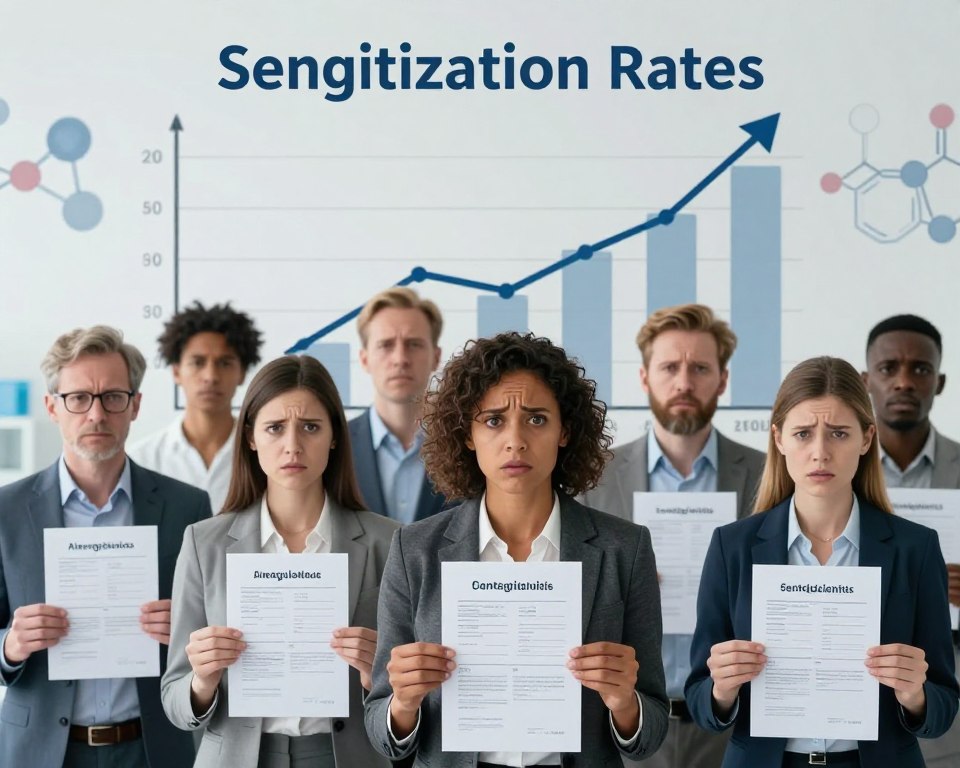 A conceptual illustration depicting the rise of sensitization rates in the United States. In the foreground, a diverse group of individuals in professional business attire, holding allergy test results with concerned expressions, symbolizes the growing awareness of contact dermatitis. The middle ground features a stylized graph showing an upward trend in sensitization rates, with clear labels but no text, conveying urgency and the increase over time. The background includes abstract representations of isothiazolinone molecules and chemical structures, subtly blending into a hospital or clinical setting, hinting at scientific research. Soft, diffused lighting enhances the serious and informative mood, with a focus on the faces of the individuals to convey their concern, captured from a slightly elevated angle for added impact.