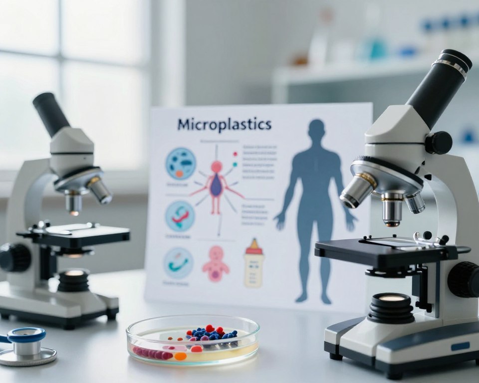 A conceptual image depicting the correlation between microplastics and infertility, emphasizing endocrine disrupting chemicals. In the foreground, showcase a microscope with microplastic fragments within a petri dish, under bright laboratory lighting. The middle of the image features a human silhouette thoughtfully examining a diagram illustrating hormonal disruption caused by microplastics, while in the background, soft-focus images of plastic waste and reproductive health symbols (like a stethoscope and baby bottle) are gently blurred, creating depth. The mood is serious and scientific, conveying concern and urgency, captured with a shallow depth of field to draw attention to the foreground subject. Utilize natural daylight streaming through a window to enhance the clinical atmosphere, maintaining a clean and professional aesthetic throughout the composition.