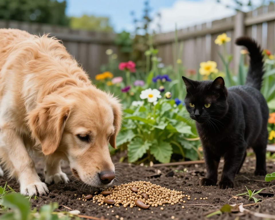 A concerned dog and cat sniffing around a garden where slug killer granules are scattered, highlighting the potential danger. In the foreground, the dog, a golden retriever, looks inquisitively at the granules, while the cat, a sleek black feline, watches cautiously. The middle ground features lush green plants and colorful flowers, symbolizing a typical garden setting. The background includes a blurred wooden fence and a clear blue sky, creating a serene yet tense atmosphere. Soft, natural lighting illuminates the scene, emphasizing the vibrant colors of the pets and plants, while the angle is slightly above the ground, focusing on the interaction between the animals and the slug killer. The overall mood is one of concern and awareness, reflecting the importance of pet safety.