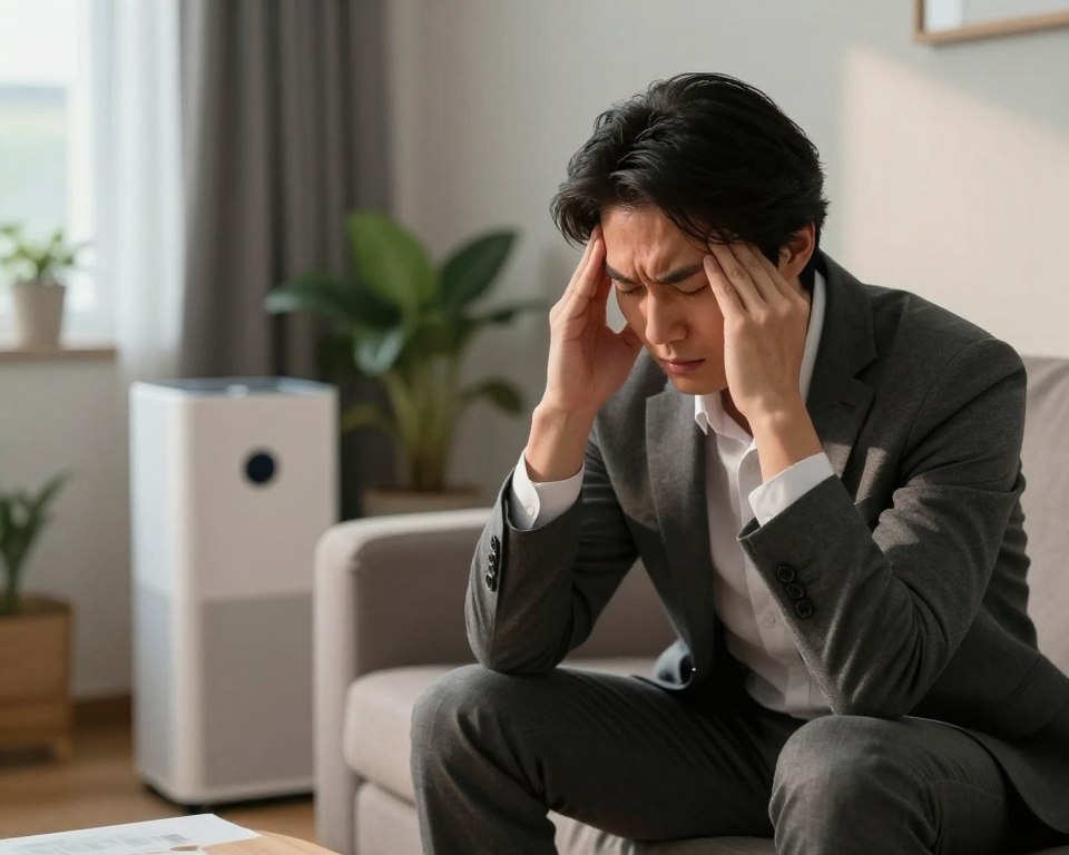 A concerned individual in a modern, well-furnished living room, looking distressed while holding their head in discomfort, symbolizing the effects of indoor air pollution on headaches. In the foreground, the person, dressed in professional attire, exhibits a pained expression. The middle ground features a visible air purifier and plants, emphasizing a home environment struggling with air quality. The background displays a window with muted daylight filtering through, creating a slightly dim atmosphere to reflect the heaviness of the topic. Soft shadows play across the room, enhancing the mood of discomfort and concern. The composition captures a sense of unease, inviting viewers to reflect on indoor air pollution's impact on health.