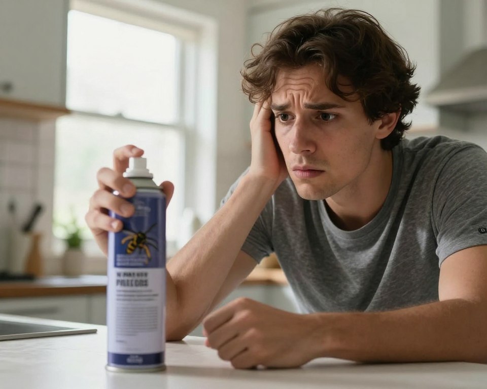 A concerned individual in a modest casual outfit, looking at a can of wasp spray on a kitchen counter, reflecting apprehension about its potential toxicity. In the foreground, focus on their anxious expression, highlighting worry about safety. The middle ground features the wasp spray can prominently positioned, its label partially visible, emphasizing the theme of caution. In the background, a well-lit kitchen setting with soft natural light coming through a nearby window, creating a warm yet serious atmosphere. The composition should convey a sense of urgency and contemplation, capturing the mood of seeking professional guidance in matters of health and safety. Use a close-up angle to emphasize the subject’s expression and the spray can, ensuring clarity and detail in textures and colors.