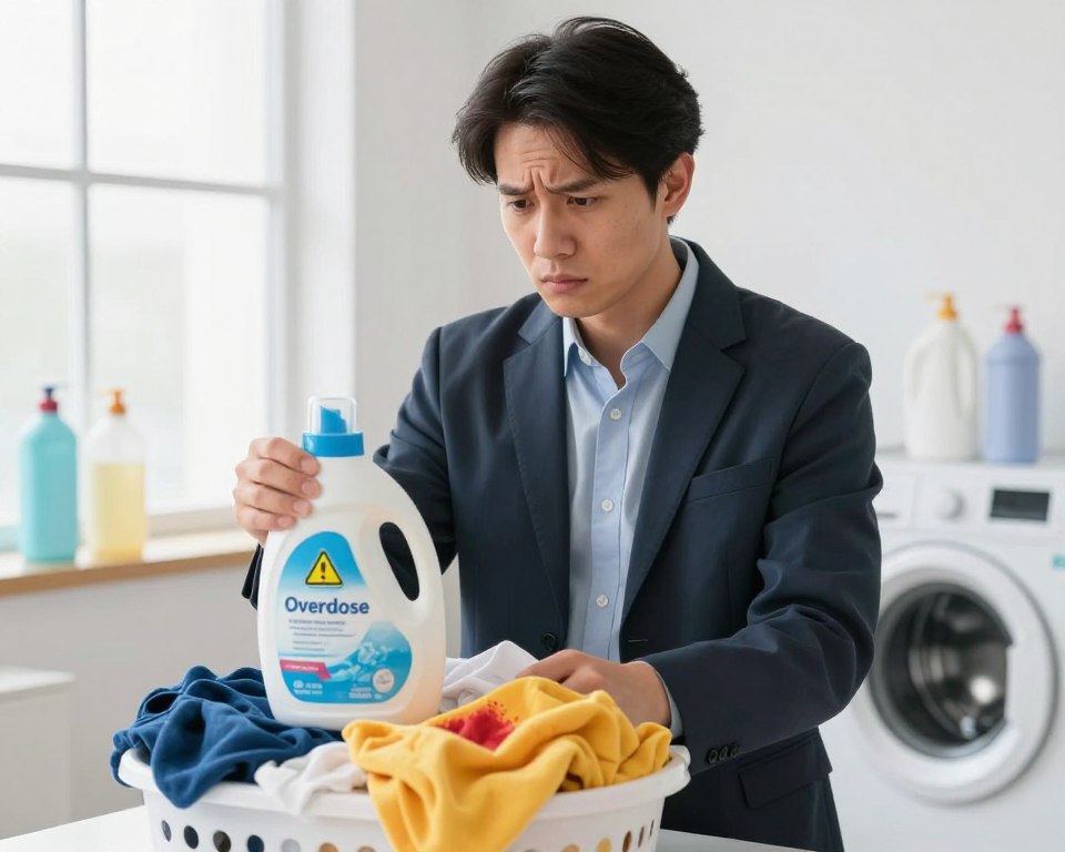 A concerned individual in professional attire stands in a bright, clean laundry room, examining a bottle of laundry detergent with a perplexed expression. In the foreground, the bottle is clearly visible, showcasing a label indicating "Overdose" with warning symbols. The middle ground features a small basket of clothes, some of which have bright, discolored patches caused by excessive detergent. The background includes a washing machine and neatly organized laundry supplies, illuminated by soft, natural light coming through a nearby window, creating a safe and informative atmosphere. The composition captures the seriousness of the issue while maintaining an educational tone, emphasizing the potential hazards of laundry detergent overdosing on skin health.