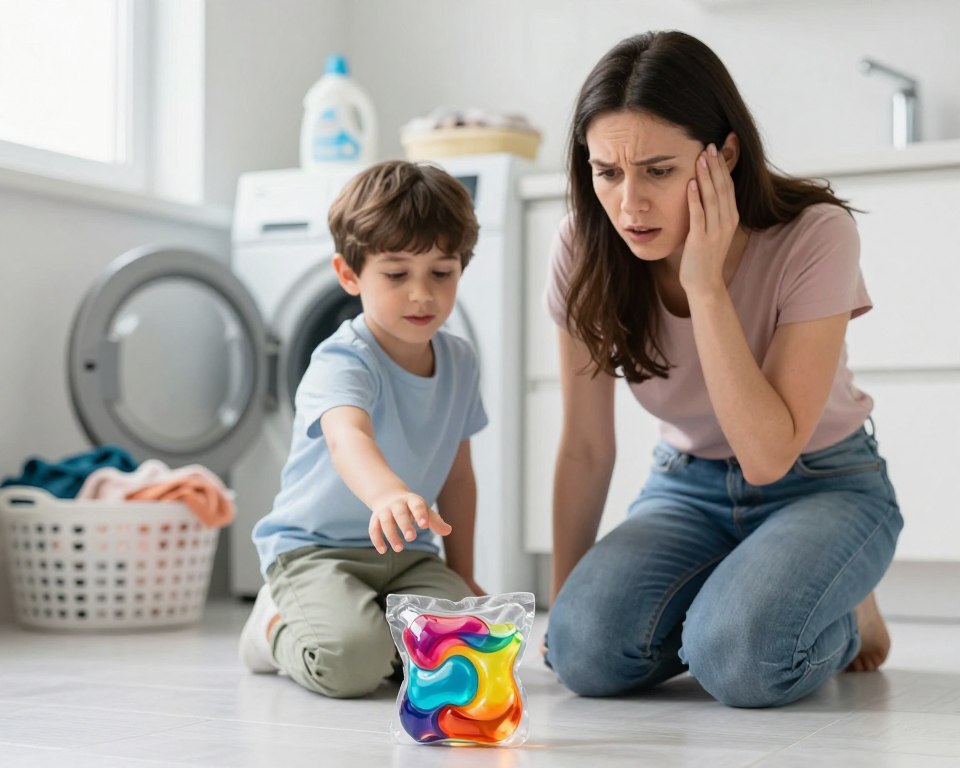 A concerned parent in a modern laundry room, kneeling next to a brightly colored laundry detergent pod, visibly worried as they inspect it. In the foreground, the pod stands out with its vibrant colors, hinting at its potential dangers. In the middle ground, a child, dressed in casual yet modest clothing, is reaching out toward the pod, illustrating the risk. Behind them, the background shows a clean and well-organized laundry area with baskets of clothes and detergent bottles, enhancing the domestic setting. Soft, natural light streams in through a nearby window, creating an atmosphere of concern and caution. The focus is sharp on the parent and child, with a slight depth of field blurring the background, emphasizing the serious health risks associated with laundry detergent pods for children.