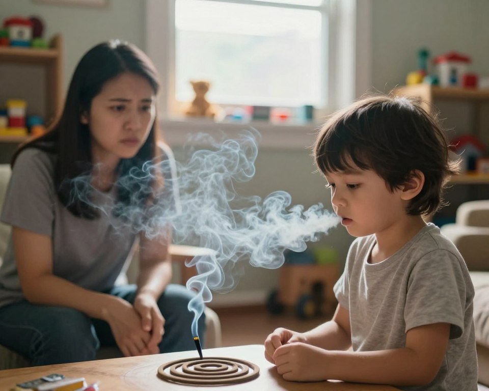 A concerned parent in a modest living room, dressed in casual clothing, observes their young child playing nearby as a mosquito coil emits smoke in the background. The foreground captures the swirling smoke, visibly altering the air quality, while health warnings are subtly depicted with soft-edged illustrations of respiratory issues around the smoke. The middle ground highlights light filtering through a window, casting a warm but slightly hazy atmosphere that contrasts with the child's innocence. In the background, shelves are lined with children's toys, emphasizing the home environment. The mood is tense but contemplative, illustrating the risks and raising awareness about inhaling mosquito coil smoke, particularly for children. Soft, natural lighting enhances the realism while maintaining a serious tone, focused closely on the interaction between the smoke and the child's play.