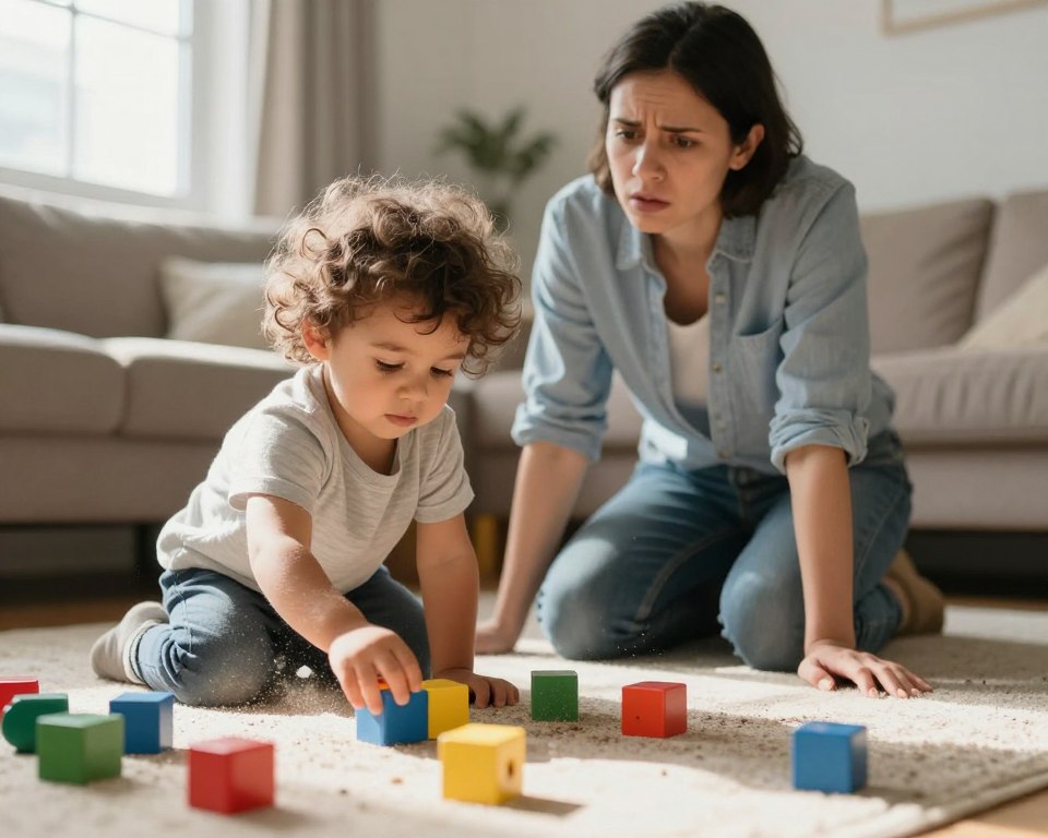 A concerned parent kneeling beside a young child playing on the floor of a modest, well-lit living room. The child, a toddler with curly hair, is curiously exploring colorful, yet dusty toys strewn about. In the foreground, a close-up of the child's hand reaching for a colorful block, subtly highlighting the dust particles surrounding them. In the middle ground, the parent looks on with a worried expression, wearing casual yet neat clothing, emphasizing the protective instinct. The background features soft natural lighting coming from a nearby window, casting gentle shadows, creating a warm but slightly anxious atmosphere. The overall mood of the scene conveys vulnerability and the urgency to address lead exposure in children's environments.