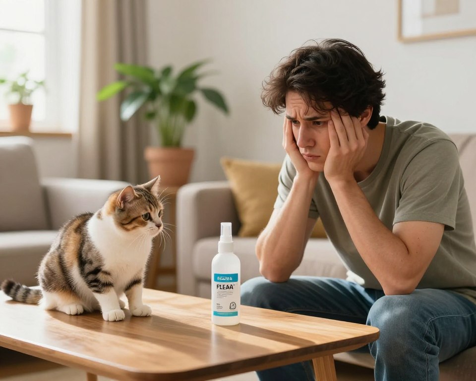 A concerned pet owner in a well-lit, cozy living room, kneeling next to a curious cat and dog, both looking at a bottle of flea spray displayed on a clean, wooden table. The foreground features the pet owner's worried expression, wearing a casual t-shirt and jeans, conveying concern for their pets' health. In the middle ground, the flea spray is prominently visible, with a label that hints at cautionary symbols. The background shows a warm, inviting home environment with potted plants and soft sunlight filtering through a window to create a calm yet alert atmosphere. The composition should evoke a sense of responsibility, fostering awareness about the risks of flea spray on pets.