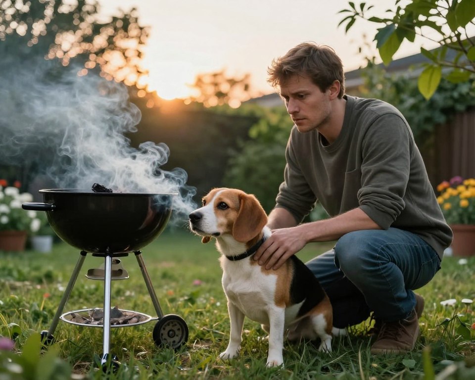 A concerned pet owner kneeling beside a small dog in a grassy backyard, looking anxiously at the swirling smoke from a nearby charcoal grill. The dog, a beagle with bright eyes and perked ears, sniffs the air, seeming unsettled by the smoke. In the background, a charcoal grill emits wisps of gray smoke against a soft, warm sunset glow. Surrounding them are lush green trees and blooming flowers, creating a serene contrast to the situation. The lighting is soft and natural, casting gentle shadows that enhance the mood of concern for the well-being of the pet. The angle is slightly elevated to capture both the owner and the dog's expressions clearly, emphasizing the impact of charcoal smoke on animals.