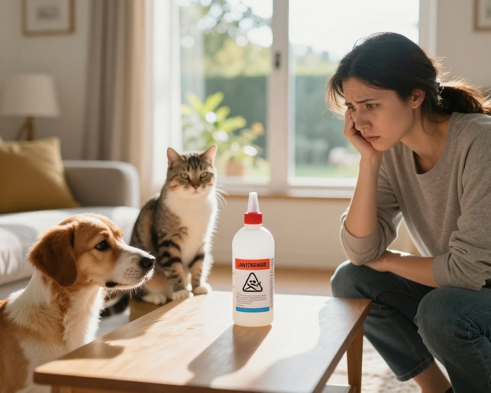 A concerned pet owner kneels in a cozy living room, examining a bottle of ant killer with a worried expression on their face. The foreground includes a curious dog and a cat sitting safely at a distance, observing the bottle on a coffee table. In the middle ground, the ant killer is prominently displayed, with caution labels clearly visible, surrounded by safety symbols like a skull and crossbones. The bright, warm lighting casts soft shadows, enhancing the anxious atmosphere. In the background, a window reveals a sunny garden, symbolizing a safe outdoor space for pets. Capture this scene with a shallow depth of field to emphasize the risks while ensuring the pets’ safety is highlighted. A concerned pet owner kneels in a cozy living room, examining a bottle of ant killer with a worried expression on their face. The foreground includes a curious dog and a cat sitting safely at a distance, observing the bottle on a coffee table. In the middle ground, the ant killer is prominently displayed, with caution labels clearly visible, surrounded by safety symbols like a skull and crossbones. The bright, warm lighting casts soft shadows, enhancing the anxious atmosphere. In the background, a window reveals a sunny garden, symbolizing a safe outdoor space for pets. Capture this scene with a shallow depth of field to emphasize the risks while ensuring the pets’ safety is highlighted.