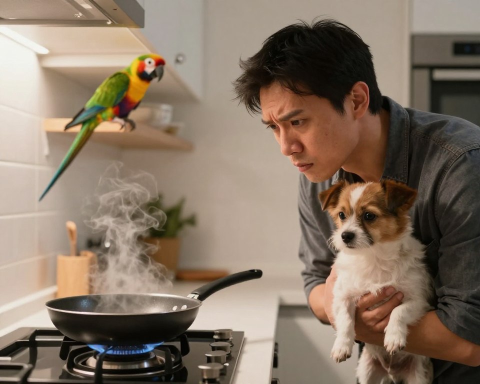 A concerned pet owner stands in a modern kitchen, gazing at a Teflon frying pan on the stove. In the foreground, the owner's worried expression features prominently as they hold a small dog close, visibly anxious. The middle ground showcases the stove and the Teflon pan, emphasizing it as the focal point, with steam subtly rising. In the background, a colorful parrot perched on a nearby shelf illustrates avian sensitivity, its feathers vibrant against the soft, warm lighting of the kitchen. The mood is tense yet contemplative, capturing the essence of concern for pet safety. The scene is framed with a focus on the contrasting elements of a safe home environment versus potential dangers, shot from a slightly elevated angle to enhance the emotional depth. A concerned pet owner stands in a modern kitchen, gazing at a Teflon frying pan on the stove. In the foreground, the owner's worried expression features prominently as they hold a small dog close, visibly anxious. The middle ground showcases the stove and the Teflon pan, emphasizing it as the focal point, with steam subtly rising. In the background, a colorful parrot perched on a nearby shelf illustrates avian sensitivity, its feathers vibrant against the soft, warm lighting of the kitchen. The mood is tense yet contemplative, capturing the essence of concern for pet safety. The scene is framed with a focus on the contrasting elements of a safe home environment versus potential dangers, shot from a slightly elevated angle to enhance the emotional depth.