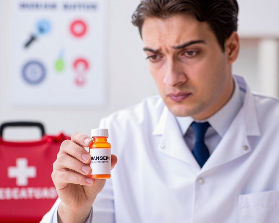 A concerned professional in a lab coat examines a small bottle of rat poison, with a warning label prominently displayed. In the foreground, include the bottle with contents spilling slightly to indicate danger. The middle ground features the professional's focused expression, emphasizing the urgency of the situation. In the background, a medical emergency kit is partially visible alongside a chart illustrating symptoms of poisoning, creating a clinical atmosphere. Use soft, diffused lighting to enhance the seriousness of the scene, while ensuring the background maintains depth of field. Aim for a close-up perspective that captures the professional’s intense engagement with the hazardous situation, evoking a mood of caution and urgency.