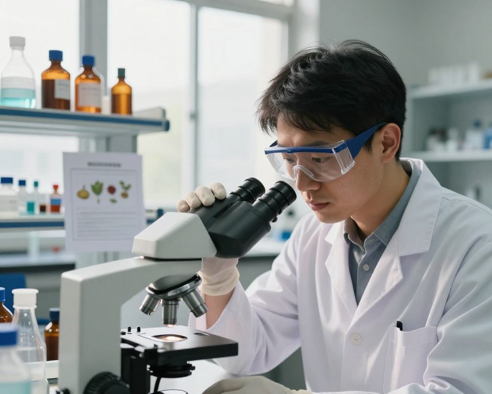 A concerned scientist in a laboratory examining a sample of herbicide, with a microscope in the foreground. The scientist, dressed in a white lab coat, safety goggles, and gloves, displays a focused expression, reflecting the gravity of herbicide exposure. In the middle ground, shelves filled with chemical bottles and research papers on herbicide effects can be seen, adding context to the research setting. The background features large windows allowing soft, natural sunlight to filter in, illuminating the space and creating a warm yet serious atmosphere. The overall mood is one of urgency and scientific inquiry, highlighting the potential dangers of herbicide exposure to human health. The image should be well-composed, with a shallow depth of field to emphasize the scientist and the microscope.