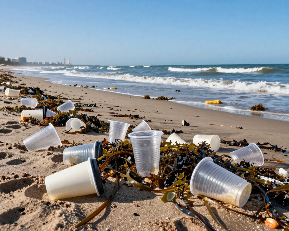 A contrasting scene depicting the environmental impact of plastic coffee cups. In the foreground, a collection of discarded plastic coffee cups strewn across a polluted beach, partially buried in sand and tangled with seaweed. In the middle ground, an ocean affected by plastic pollution visible, with waves lapping against the shore, showcasing floating debris. In the background, a clear blue sky transitioning to haze near an industrial area, hinting at urban development's role in pollution. The lighting is natural and bright, reflecting a sunny day but with a slightly somber mood, emphasizing the consequences of plastic waste on nature. Use a slight aerial angle to capture the full scope of the scene, evoking a sense of urgency for environmental awareness.