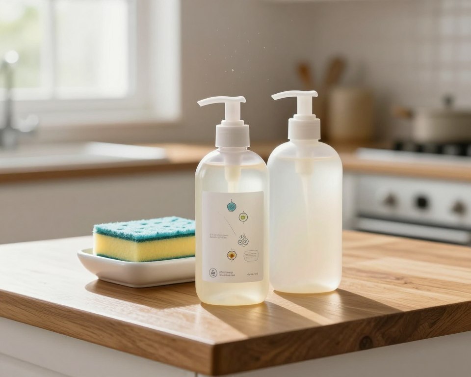 A contrasting scene featuring two bottles of soap on a polished wooden countertop. In the foreground, a sleek, modern antibacterial soap bottle with a subtle label exhibiting scientific icons, symbolizing effectiveness against germs. Beside it, a traditional, translucent bottle of regular soap with a minimalistic design. In the middle ground, a white ceramic soap dish holds decorative, colorful sponges, enhancing the cleanliness theme. The background showcases soft-focus kitchen elements, like a window with natural light streaming in, illuminating dust particles in the air, creating a fresh and hygienic atmosphere. The whole scene is bathed in warm, inviting lighting, conveying a sense of safety and trust. The composition emphasizes the idea of cleanliness and protection, suitable for an informative article context. A contrasting scene featuring two bottles of soap on a polished wooden countertop. In the foreground, a sleek, modern antibacterial soap bottle with a subtle label exhibiting scientific icons, symbolizing effectiveness against germs. Beside it, a traditional, translucent bottle of regular soap with a minimalistic design. In the middle ground, a white ceramic soap dish holds decorative, colorful sponges, enhancing the cleanliness theme. The background showcases soft-focus kitchen elements, like a window with natural light streaming in, illuminating dust particles in the air, creating a fresh and hygienic atmosphere. The whole scene is bathed in warm, inviting lighting, conveying a sense of safety and trust. The composition emphasizes the idea of cleanliness and protection, suitable for an informative article context.