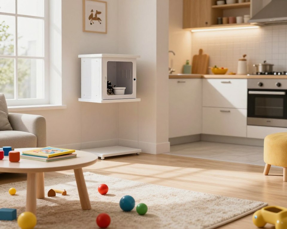 A cozy, child-friendly home interior featuring a discreet rodent bait station placed safely out of reach. In the foreground, a well-organized playroom with colorful toys scattered on a soft rug, and a low table with children’s books and a playful atmosphere. In the middle ground, the bait station is enclosed in a tamper-proof unit, clearly visible but safely positioned on a high shelf, symbolizing safety. The background shows a bright kitchen with warm lighting, emphasizing a clean and inviting environment. Soft natural light filters through the windows, casting gentle shadows and creating a calm and reassuring mood. The overall scene conveys the idea of a safe home where children can play, ensuring the rodent solution is responsibly managed.